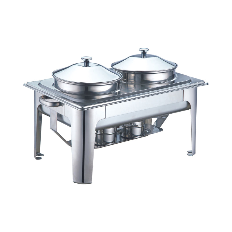A luxurious double chafing dish with a gleaming silver finish is showcased on a white background. The chafing dish features a convenient roll-top lid for easy access along with fuel holders underneath.