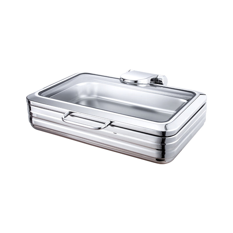 A stainless steel rectangular chafing dish with a polished silver finish and a clear glass window in the lid.