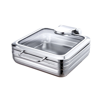  A square chafing dish made of stainless steel with a clear glass lid.