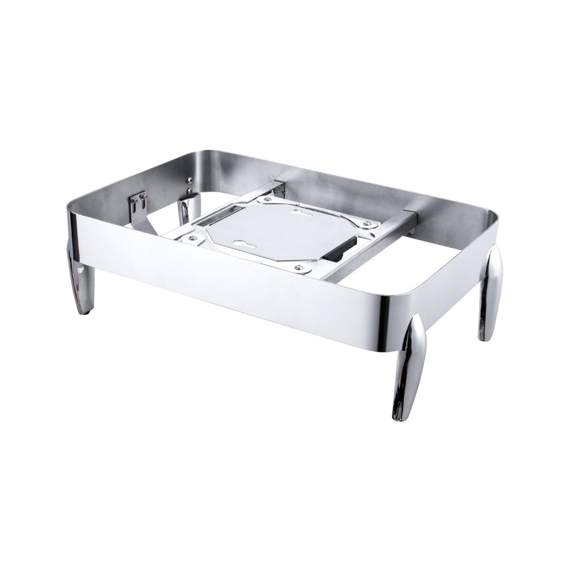A close-up view of a rectangular chafing dish base in stainless steel. The smooth, reflective surface highlights the high-quality materials.