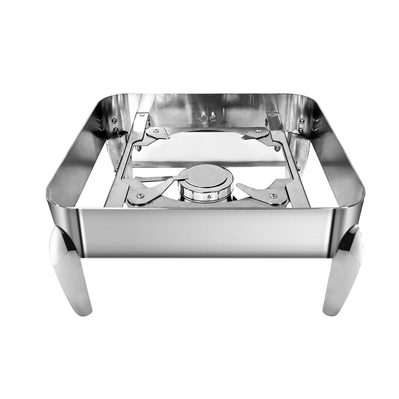A square chafing dish base made of polished stainless steel, on a white background.
