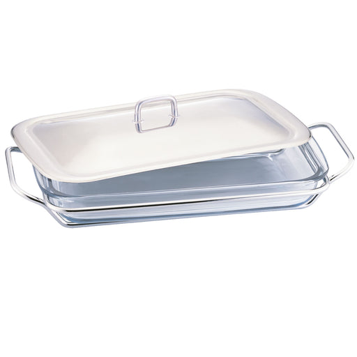 A rectangular glass food warmer tray with a stainless steel lid