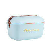 Image of the Polarbox 12L Classic Cooler Box in Sky Blue and Yellow color variant. The cooler box is shown with a durable leather strap, making it convenient to carry.