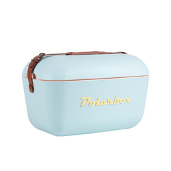 Image of the Polarbox 12L Classic Cooler Box in Sky Blue and Yellow color variant. The cooler box is shown with a durable leather strap, making it convenient to carry.