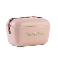 an Image of  Polarbox 12L Classic Cooler Box in Nude and Olive Green Color with Leather Strap.