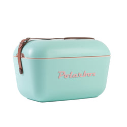Image of a bright cyan and baby rose Polarbox 12L Classic Cooler Box. It features a sleek design with a leather strap to easily carry it.