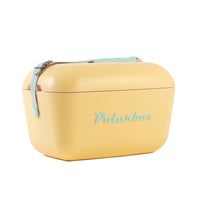 an Image of  A yellow and cyan cooler box with a leather strap. It is a Polarbox 20L Pop Cooler Box, designed to keep drinks and food cool.