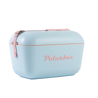 Image of a Polarbox 20L Pop Cooler Box in Sky Blue and Yellow with a leather strap.