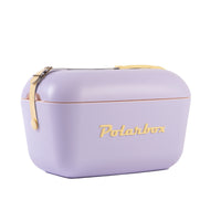 Image description: A lilac and yellow Polarbox 20L Pop Cooler Box with a leather strap.