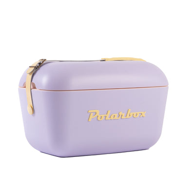 Image description: A lilac and yellow Polarbox 20L Pop Cooler Box with a leather strap.