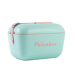 an Image of  A cyan and baby rose Polarbox 12L Pop Cooler Box with a leather strap.