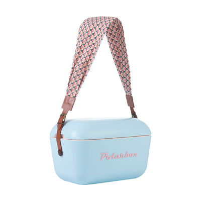 Image of the Polarbox Geometric Classic Interchangeable Strap for 20L & 12L Cooler Box. The strap features a sleek geometric pattern in various shades of blue and white. It is designed to easily attach and secure the cooler box, providing a comfortable and convenient carrying option. The strap is adjustable in length to accommodate different body types and preferences.