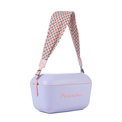 A pink geometric patterned strap that can be easily switched on and off a 20L & 12L cooler box by Polarbox.