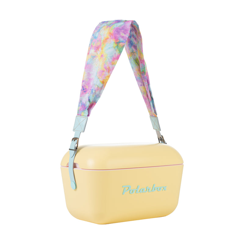 Image of the Polarbox Tie Cyan Interchangeable Strap for the 20L & 12L Cooler Box. The strap is bright cyan in color and is specifically designed to fit and secure the cooler box.