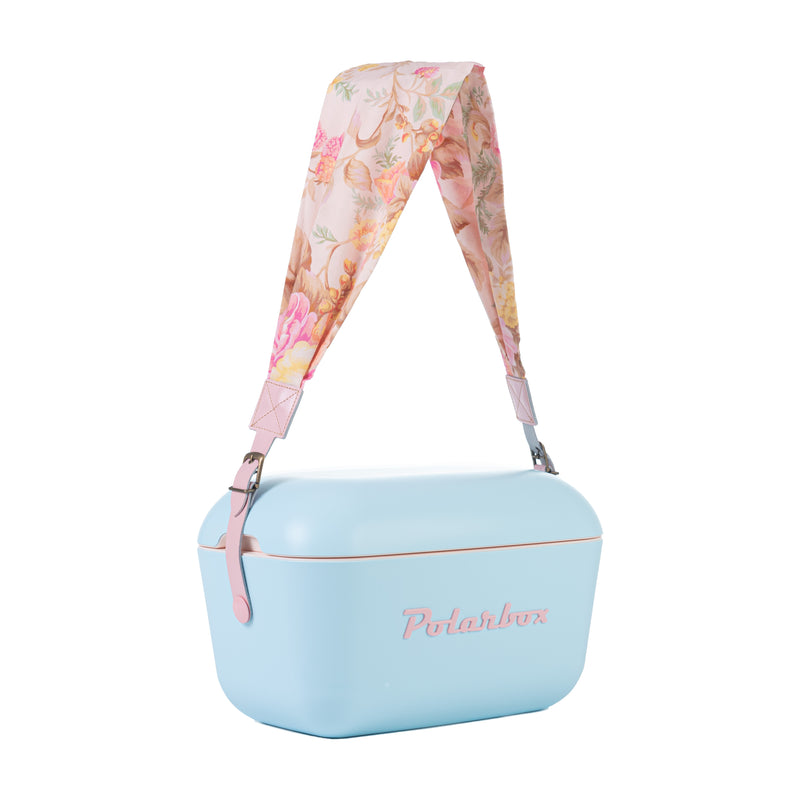 Image description: A pink flower-patterned interchangeable strap for a 20L & 12L cooler box from Polarbox.