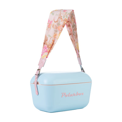 Image description: A pink flower-patterned interchangeable strap for a 20L & 12L cooler box from Polarbox.