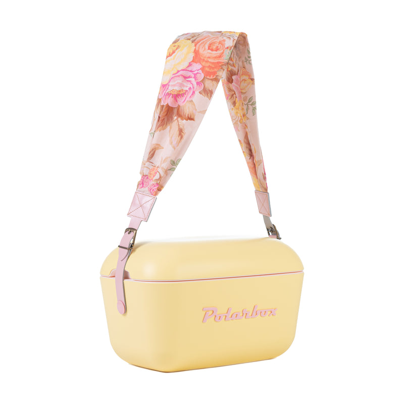 Image description: A pink flower-patterned interchangeable strap for a 20L & 12L cooler box from Polarbox.
