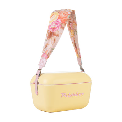 Image description: A pink flower-patterned interchangeable strap for a 20L & 12L cooler box from Polarbox.