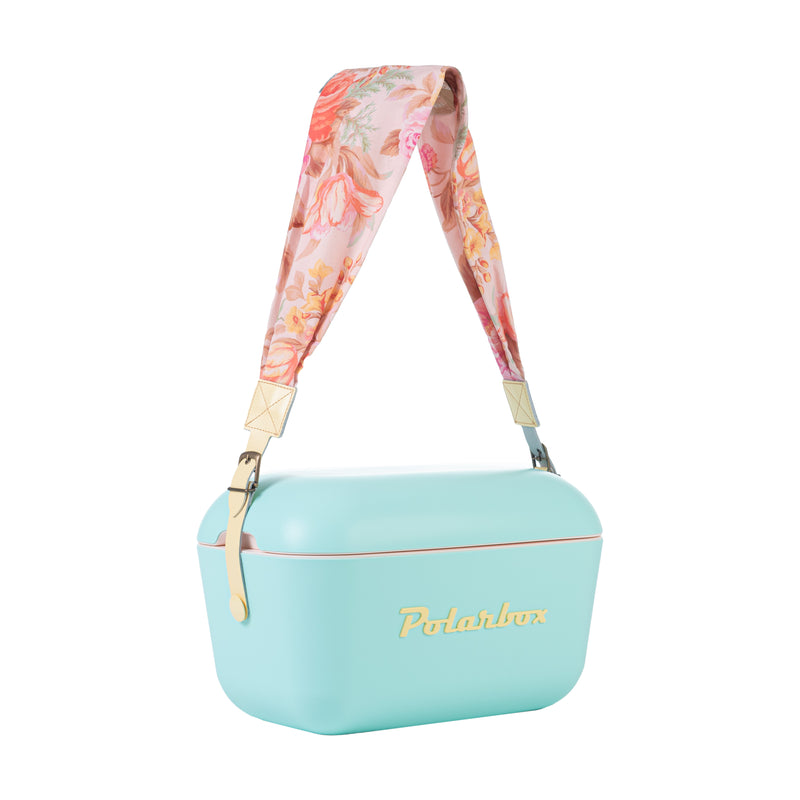 An image of a yellow flower-patterned strap designed for the Polarbox 20L & 12L cooler box. The strap can be easily interchanged to match different styles or preferences.