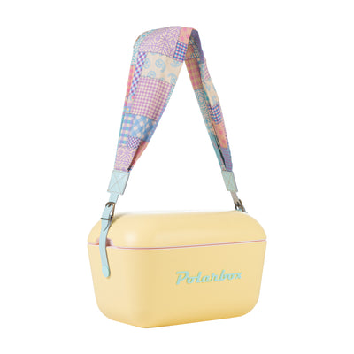 an Image of  A cyan-colored patchwork design interchangeable strap for the Polarbox cooler box. The strap is suitable for both the 20L and 12L cooler box models.