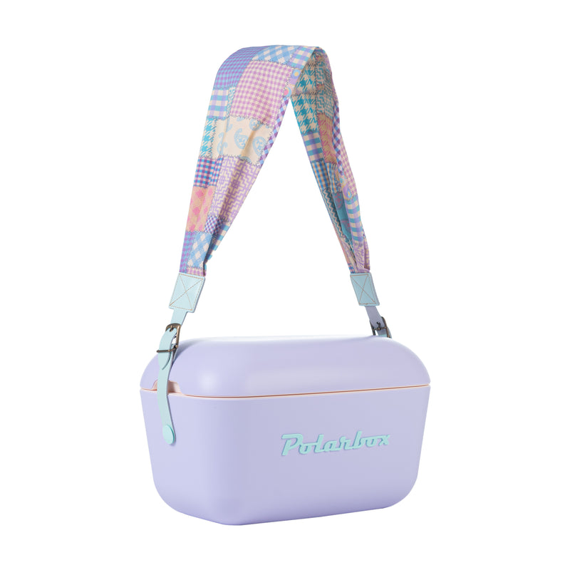 an Image of  A cyan-colored patchwork design interchangeable strap for the Polarbox cooler box. The strap is suitable for both the 20L and 12L cooler box models.