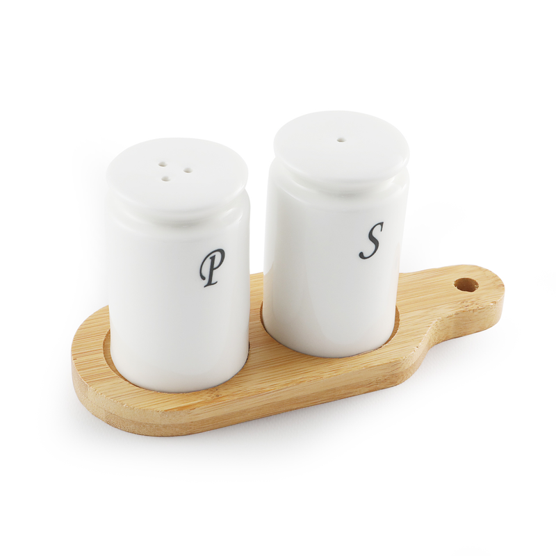Porcelain Cylindrical Salt & Pepper Shakers Set with Bamboo Base - Al Makaan Store