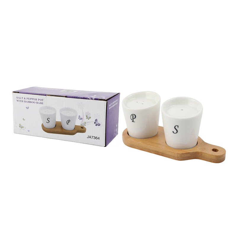 Porcelain Salt & Pepper Shakers Set with Bamboo Base - Al Makaan Store