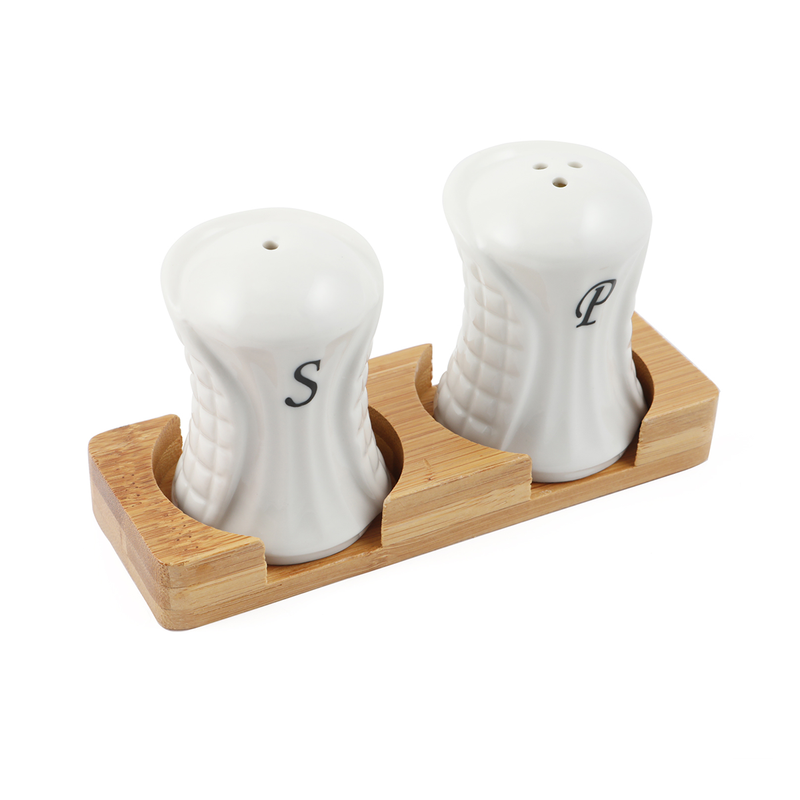 Porcelain Salt & Pepper Shakers Set with Bamboo Holder - Al Makaan Store